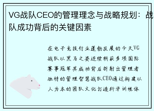 VG战队CEO的管理理念与战略规划：战队成功背后的关键因素